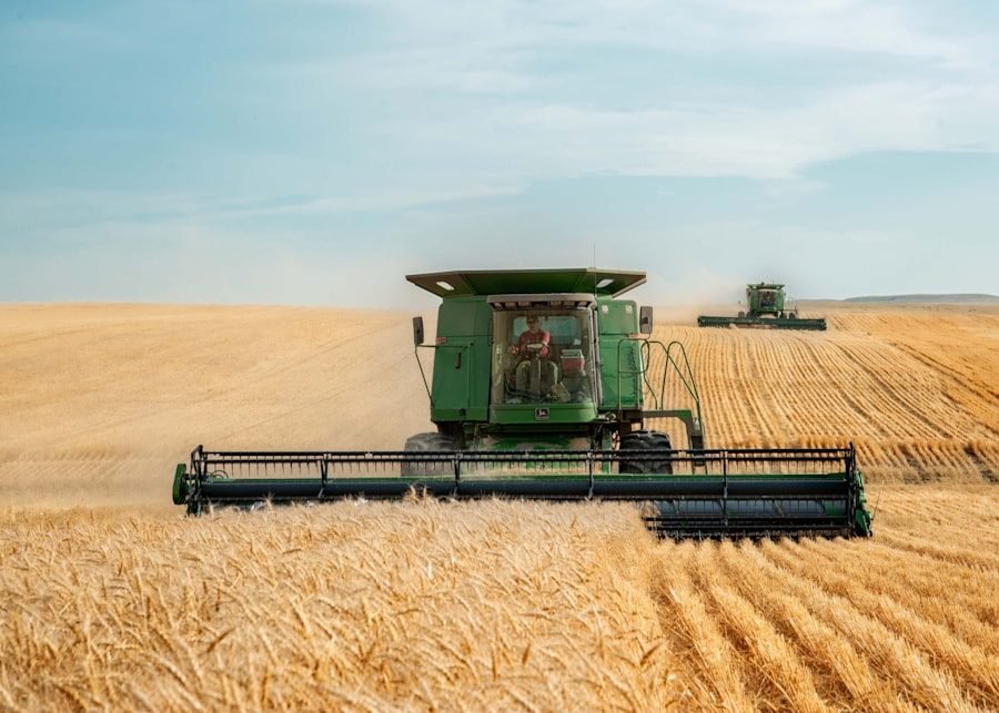 Cosechadora John Deere cosechando trigo en campo