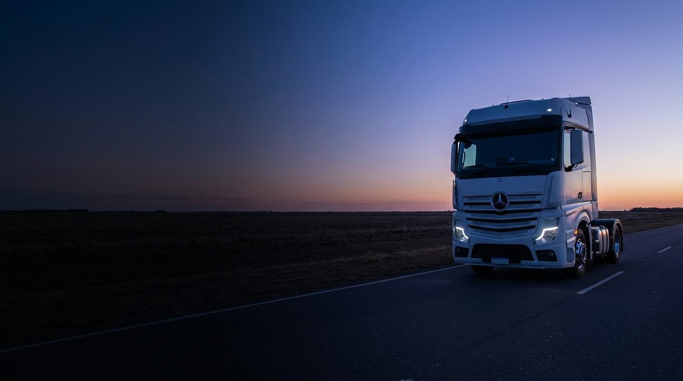 Camión de carga con cabina europea circulando por una ruta al anochecer — chiptuning diésel pesado