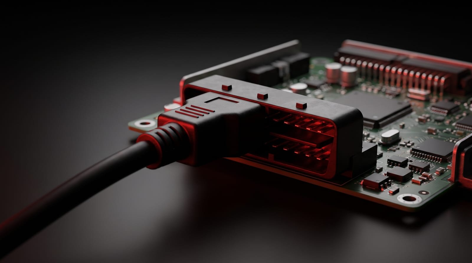 Unidad de control electrónico (ECU) de automóvil con el conector de diagnóstico enchufado — reprogramación y chiptuning